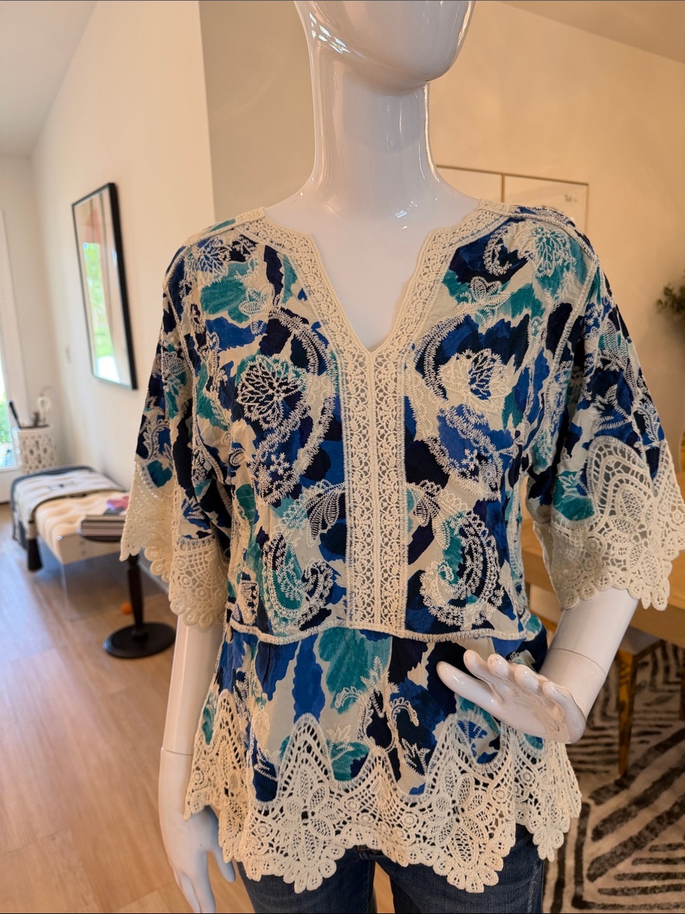 Democracy Blue, Teal & Navy Lace-Trim Peplum Tunic